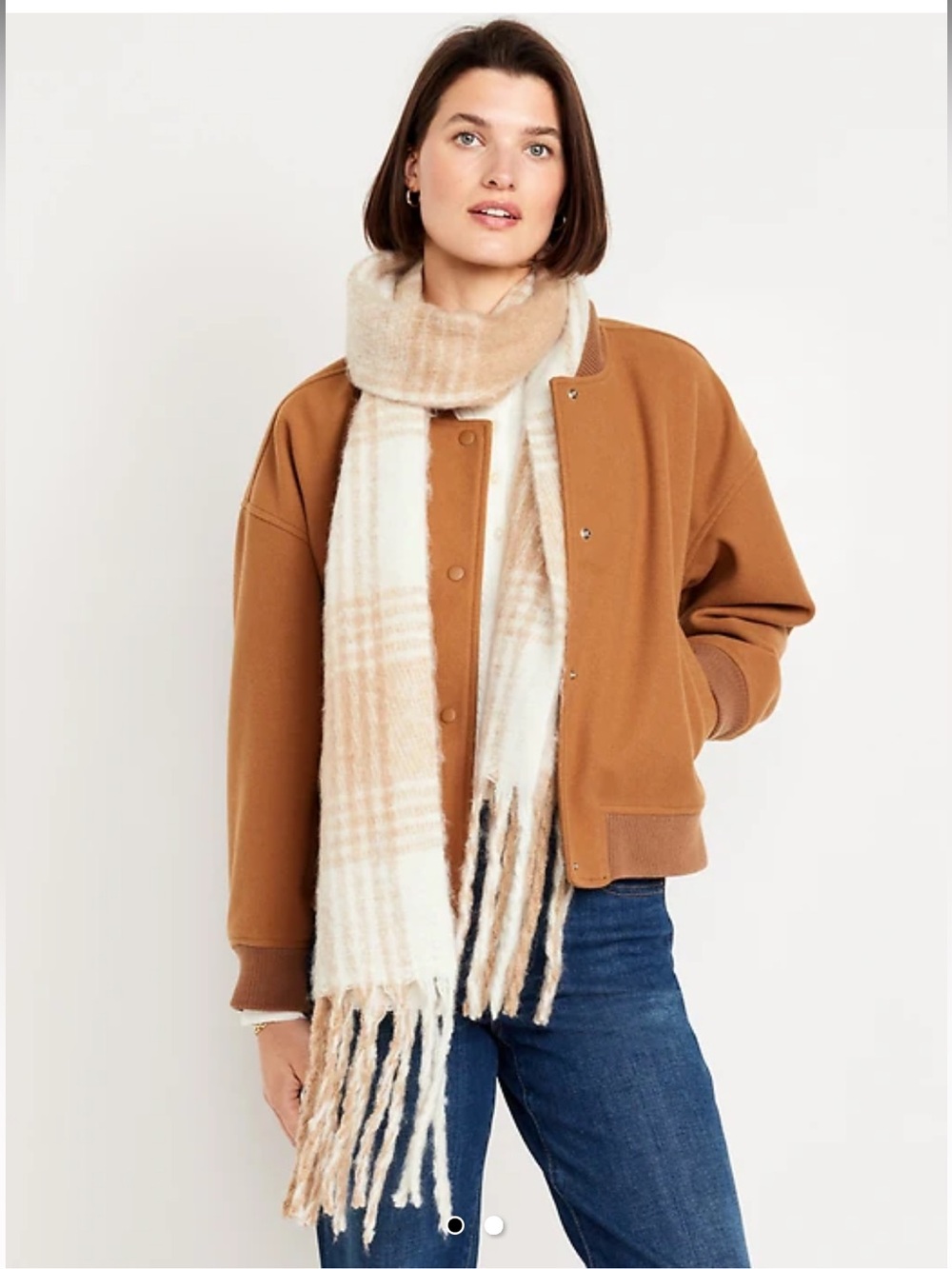Old Navy Cream Brushed Plaid Fringe Scarf